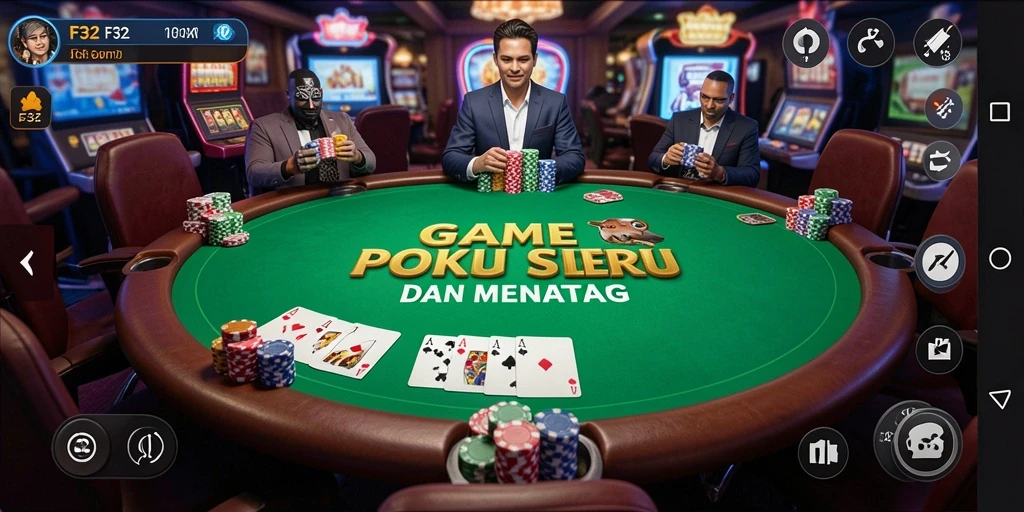 Screenshot F32 menampilkan suasana permainan Poker yang mendebarkan.