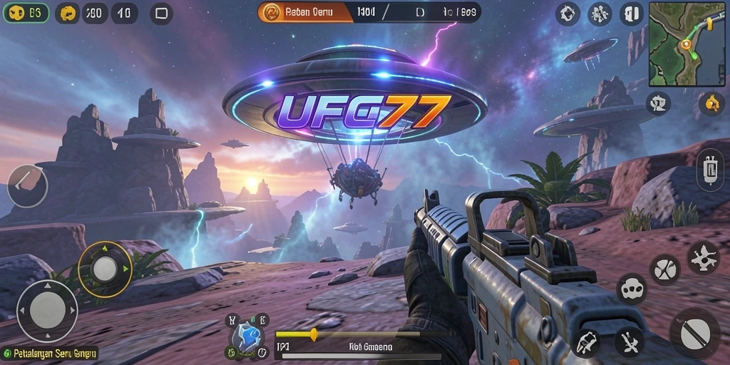 Tangkapan layar menampilkan aksi intens dalam gameplay UFO77.